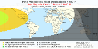 HilalMap: Peta Visibilitas Hilal Dzulqaidah 1487 H: rukyat tanggal 2065-2-5 M