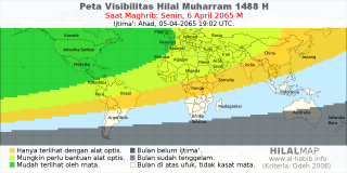 HilalMap: Peta Visibilitas Hilal Muharram 1488 H: rukyat tanggal 2065-4-6 M