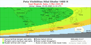HilalMap: Peta Visibilitas Hilal Shafar 1488 H: rukyat tanggal 2065-5-6 M
