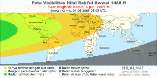 HilalMap: Peta Visibilitas Hilal Rabiul-Awwal 1488 H: rukyat tanggal 2065-6-4 M