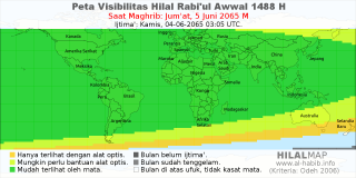 HilalMap: Peta Visibilitas Hilal Rabiul-Awwal 1488 H: rukyat tanggal 2065-6-5 M