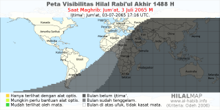 HilalMap: Peta Visibilitas Hilal Rabiul-Akhir 1488 H: rukyat tanggal 2065-7-3 M
