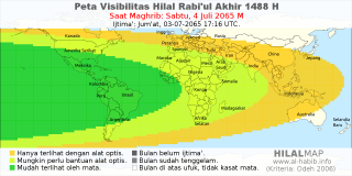 HilalMap: Peta Visibilitas Hilal Rabiul-Akhir 1488 H: rukyat tanggal 2065-7-4 M