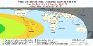 HilalMap: Peta Visibilitas Hilal Jumadal-Awwal 1488 H: rukyat tanggal 2065-8-2 M