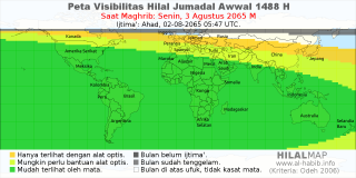 HilalMap: Peta Visibilitas Hilal Jumadal-Awwal 1488 H: rukyat tanggal 2065-8-3 M