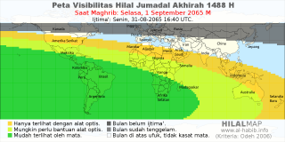 HilalMap: Peta Visibilitas Hilal Jumadal-Akhirah 1488 H: rukyat tanggal 2065-9-1 M