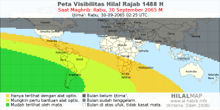 HilalMap: Peta Visibilitas Hilal Rajab 1488 H: rukyat tanggal 2065-9-30 M