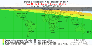 HilalMap: Peta Visibilitas Hilal Rajab 1488 H: rukyat tanggal 2065-10-1 M