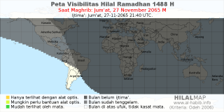 HilalMap: Peta Visibilitas Hilal Ramadhan 1488 H: rukyat tanggal 2065-11-27 M