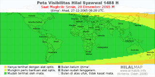 HilalMap: Peta Visibilitas Hilal Syawwal 1488 H: rukyat tanggal 2065-12-28 M