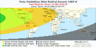 HilalMap: Peta Visibilitas Hilal Rabiul-Awwal 1489 H: rukyat tanggal 2066-5-24 M