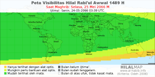 HilalMap: Peta Visibilitas Hilal Rabiul-Awwal 1489 H: rukyat tanggal 2066-5-25 M