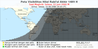 HilalMap: Peta Visibilitas Hilal Rabiul-Akhir 1489 H: rukyat tanggal 2066-6-22 M