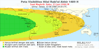 HilalMap: Peta Visibilitas Hilal Rabiul-Akhir 1489 H: rukyat tanggal 2066-6-23 M