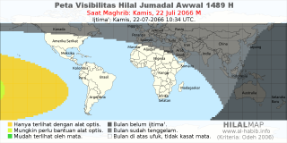 HilalMap: Peta Visibilitas Hilal Jumadal-Awwal 1489 H: rukyat tanggal 2066-7-22 M