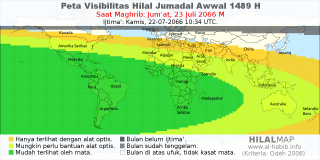 HilalMap: Peta Visibilitas Hilal Jumadal-Awwal 1489 H: rukyat tanggal 2066-7-23 M