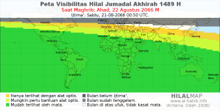 HilalMap: Peta Visibilitas Hilal Jumadal-Akhirah 1489 H: rukyat tanggal 2066-8-22 M
