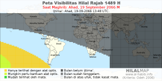 HilalMap: Peta Visibilitas Hilal Rajab 1489 H: rukyat tanggal 2066-9-19 M