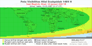 HilalMap: Peta Visibilitas Hilal Dzulqaidah 1489 H: rukyat tanggal 2067-1-16 M