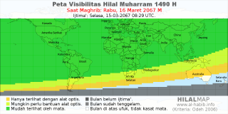 HilalMap: Peta Visibilitas Hilal Muharram 1490 H: rukyat tanggal 2067-3-16 M