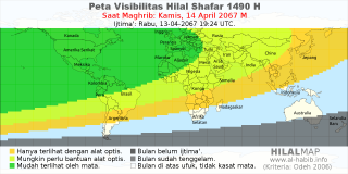 HilalMap: Peta Visibilitas Hilal Shafar 1490 H: rukyat tanggal 2067-4-14 M