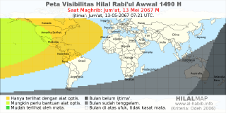 HilalMap: Peta Visibilitas Hilal Rabiul-Awwal 1490 H: rukyat tanggal 2067-5-13 M