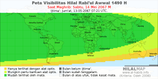 HilalMap: Peta Visibilitas Hilal Rabiul-Awwal 1490 H: rukyat tanggal 2067-5-14 M