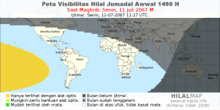 HilalMap: Peta Visibilitas Hilal Jumadal-Awwal 1490 H: rukyat tanggal 2067-7-11 M