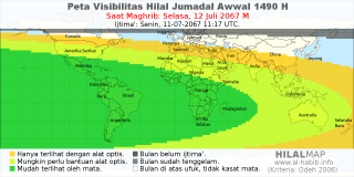 HilalMap: Peta Visibilitas Hilal Jumadal-Awwal 1490 H: rukyat tanggal 2067-7-12 M
