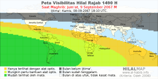 HilalMap: Peta Visibilitas Hilal Rajab 1490 H: rukyat tanggal 2067-9-9 M