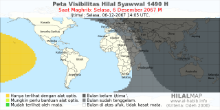 HilalMap: Peta Visibilitas Hilal Syawwal 1490 H: rukyat tanggal 2067-12-6 M