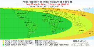 HilalMap: Peta Visibilitas Hilal Syawwal 1490 H: rukyat tanggal 2067-12-7 M