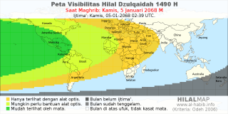 HilalMap: Peta Visibilitas Hilal Dzulqaidah 1490 H: rukyat tanggal 2068-1-5 M