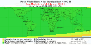 HilalMap: Peta Visibilitas Hilal Dzulqaidah 1490 H: rukyat tanggal 2068-1-6 M