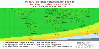 HilalMap: Peta Visibilitas Hilal Shafar 1491 H: rukyat tanggal 2068-4-3 M