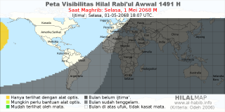 HilalMap: Peta Visibilitas Hilal Rabiul-Awwal 1491 H: rukyat tanggal 2068-5-1 M