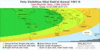HilalMap: Peta Visibilitas Hilal Rabiul-Awwal 1491 H: rukyat tanggal 2068-5-2 M