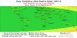 HilalMap: Peta Visibilitas Hilal Rabiul-Akhir 1491 H: rukyat tanggal 2068-6-1 M