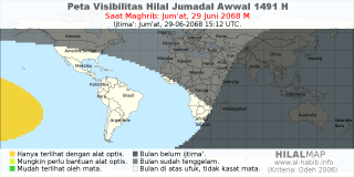 HilalMap: Peta Visibilitas Hilal Jumadal-Awwal 1491 H: rukyat tanggal 2068-6-29 M