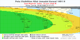 HilalMap: Peta Visibilitas Hilal Jumadal-Awwal 1491 H: rukyat tanggal 2068-6-30 M