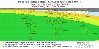 HilalMap: Peta Visibilitas Hilal Jumadal-Akhirah 1491 H: rukyat tanggal 2068-7-30 M