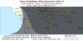 HilalMap: Peta Visibilitas Hilal Syawwal 1491 H: rukyat tanggal 2068-11-24 M