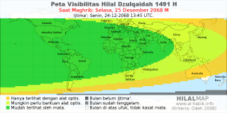 HilalMap: Peta Visibilitas Hilal Dzulqaidah 1491 H: rukyat tanggal 2068-12-25 M