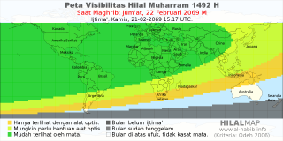 HilalMap: Peta Visibilitas Hilal Muharram 1492 H: rukyat tanggal 2069-2-22 M