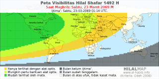 HilalMap: Peta Visibilitas Hilal Shafar 1492 H: rukyat tanggal 2069-3-23 M