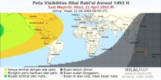 HilalMap: Peta Visibilitas Hilal Rabiul-Awwal 1492 H: rukyat tanggal 2069-4-21 M