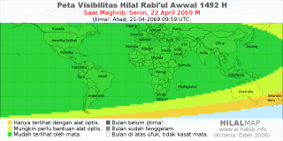 HilalMap: Peta Visibilitas Hilal Rabiul-Awwal 1492 H: rukyat tanggal 2069-4-22 M