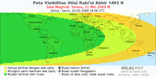 HilalMap: Peta Visibilitas Hilal Rabiul-Akhir 1492 H: rukyat tanggal 2069-5-21 M