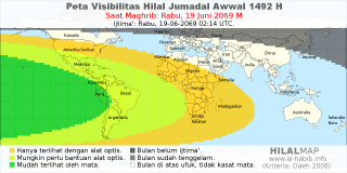 HilalMap: Peta Visibilitas Hilal Jumadal-Awwal 1492 H: rukyat tanggal 2069-6-19 M