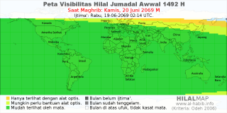 HilalMap: Peta Visibilitas Hilal Jumadal-Awwal 1492 H: rukyat tanggal 2069-6-20 M